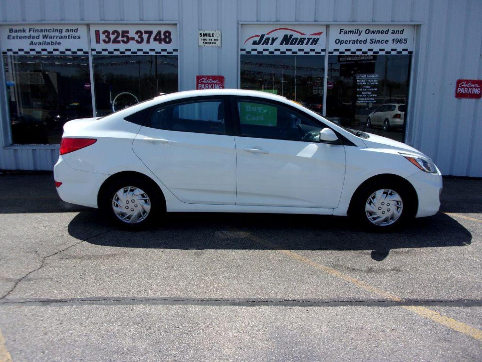 2015 WHITE HYUNDAI ACCENT GLS (KMHCT4AE2FU) with an 1.6L engine, Automatic transmission, located at 501 E. Columbia St., Springfield, OH, 45503, (800) 262-7122, 39.925262, -83.801796 - *** New Tires *** Serviced and Detailed *** Automatic *** Power Windows and Locks *** Jay North Auto has offered hand picked vehicles since 1965! Our customer's enjoy a NO pressure buying experience with a small town feel. All of our vehicles get fully inspected and detailed. We are a preferred - Photo #0