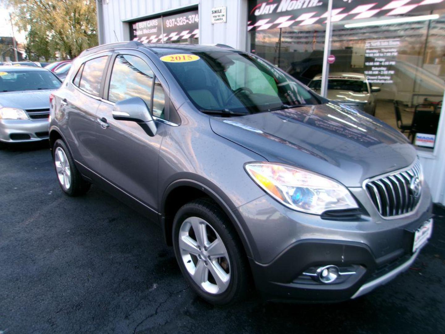 2015 GRAY BUICK ENCORE PREMIUM (KL4CJHSB2FB) with an 1.4L engine, Automatic transmission, located at 501 E. Columbia St., Springfield, OH, 45503, (800) 262-7122, 39.925262, -83.801796 - *** 1 Owner *** 30 Service Records *** Premium *** All Wheel Drive *** Serviced and Detailed *** Back Up Camera *** Heated Leather Seating *** Bose Audio *** Jay North Auto has offered hand picked vehicles since 1965! Our customer's enjoy a NO pressure buying experience with a small town feel. - Photo#1
